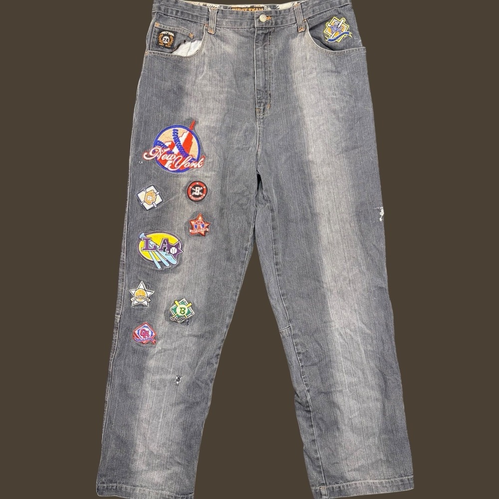 VTG Raw Blue First Team Baggy Jeans‎ 38x34 Blue Y2K Hip Hop Denim Embroidered